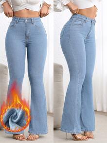 Flexra Casual Washed Flare Leg Denim Jeans - Blue - View 1