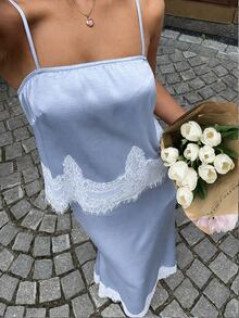 Sunnyshic Women's 2pcs Set Satin Camisole Top & Lace Long Skirt - Blue - View 6