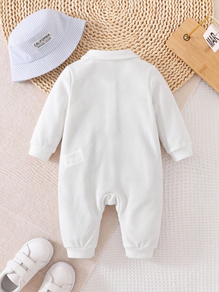 SHEIN Newborn Baby Boy Baby Girl Solid Color Knitted Soft Round Neck Long Sleeve Romper With Decorative Woven Label Hat 2 Pieces Set Neutral - White - View 2