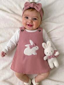 SHEIN Newborn Baby Girl Cute Casual Versatile Pink Rabbit Pattern Dress - Pink - View 1