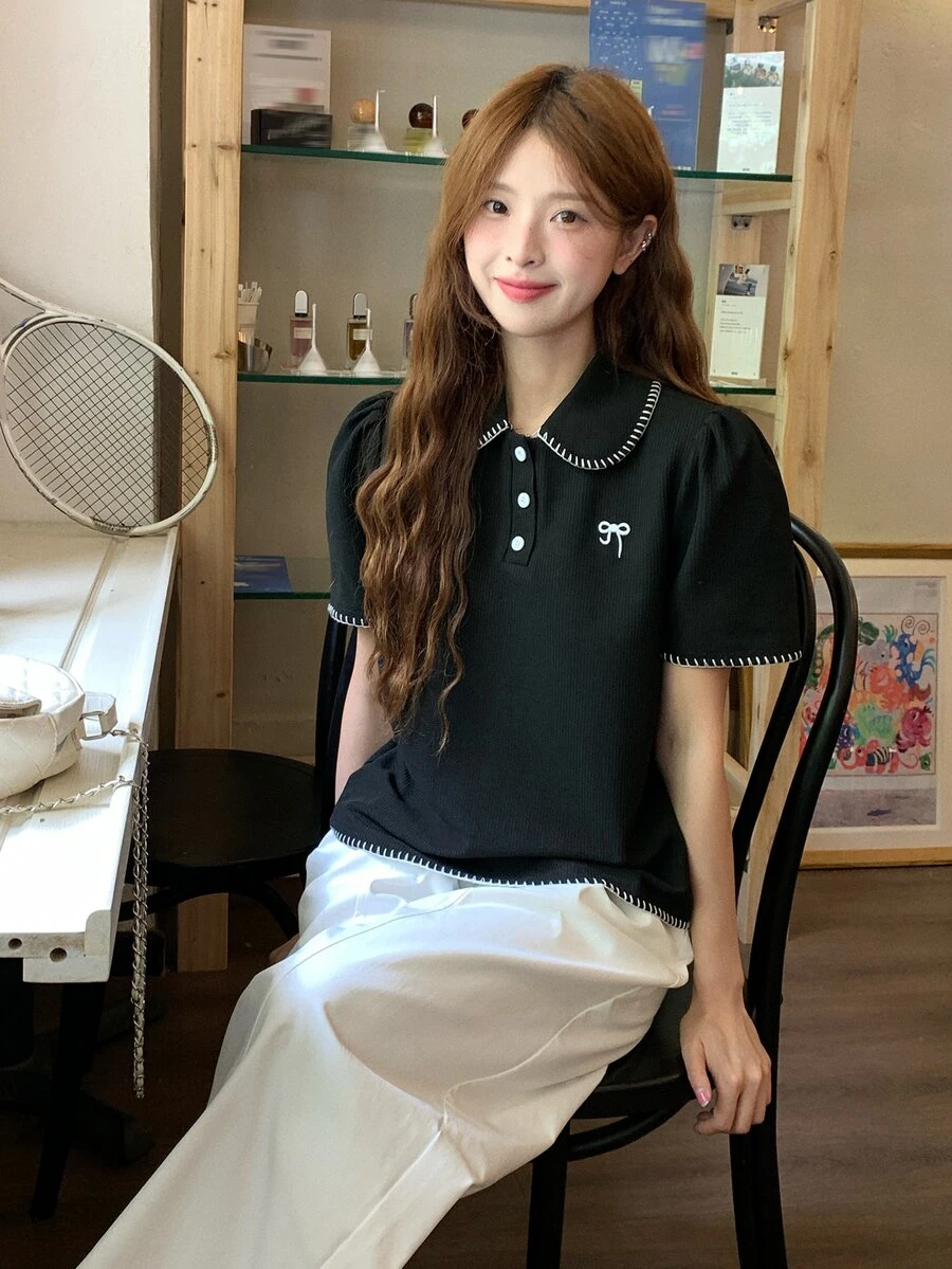 DAZY 女款韓式休閒短袖翻領T恤 - 黑色 - 查看 1