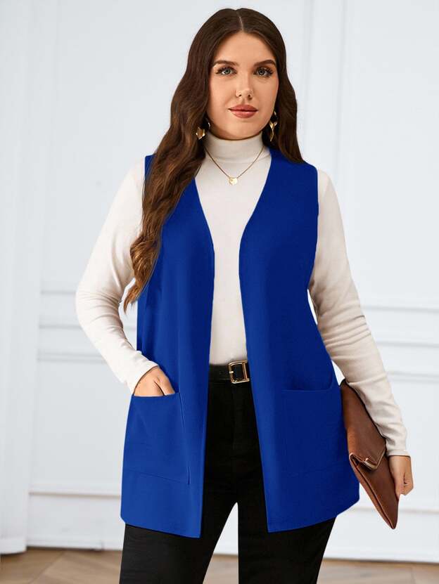 Plus Size Solid Color Sleeveless Loose Pocket Simple Casual Outfits Woman /Vacation In Fall/Winter