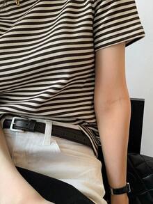 DAZY Women's Striped Short Sleeve T-Shirt, Summer Versatile Loose Round Neck Pullover Top - Rust Brown - View 4