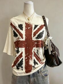 Lalippa Women's Fashion Asymmetric Collar T-Shirt With Union Jack Print - Light Grey - View 4