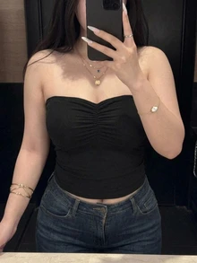 Dazy Plus Top Bandeau Fruncido Talla Grande con Relleno Incorporado - Negro - Ver 5