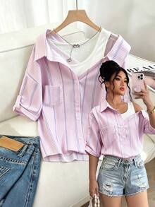 SHEIN LUNE CURVE Women's Fashion 2 In 1 Patchwork Short Sleeve Blouse Fall - Multicolor - View 1