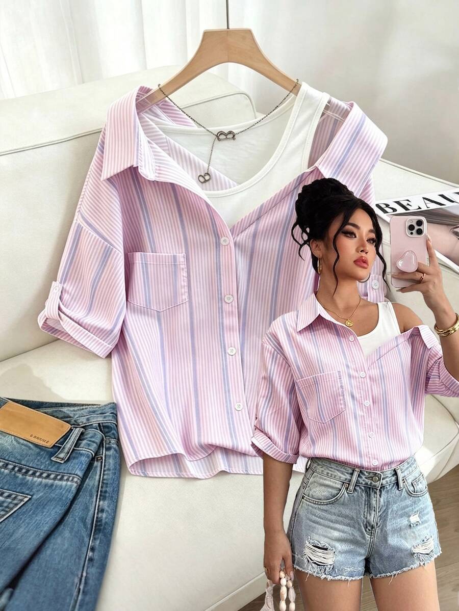 SHEIN LUNE CURVE Women's Fashion 2 In 1 Patchwork Short Sleeve Blouse Fall - Multicolor - View 1