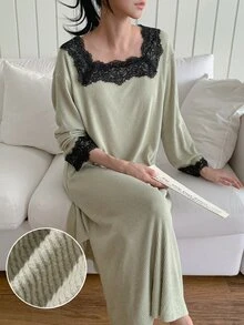 DAZY Women's Comfortable Versatile Lace Patchwork Long Sleeve Nightgown - Khaki - View 7
