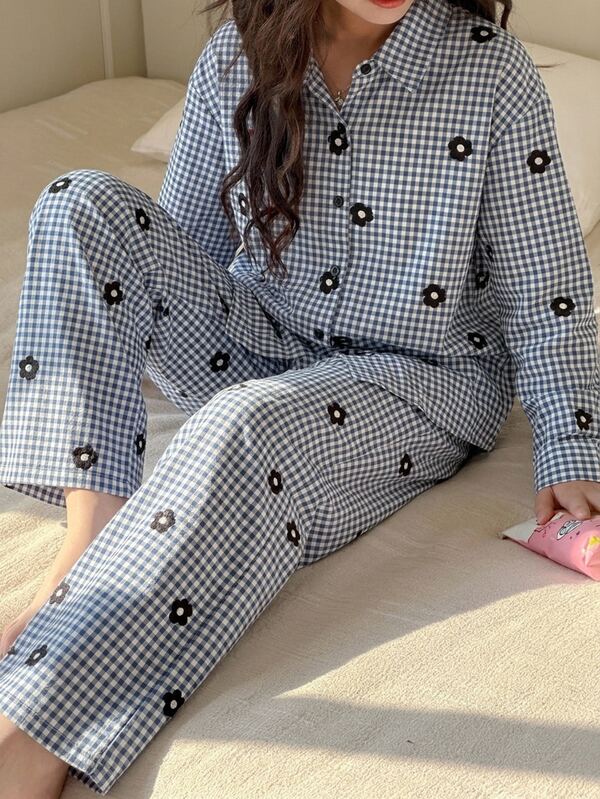 DAZY Tween Girl) Plaid Lapel Loose Casual Shirt Top + Straight Leg Pants 2 Pieces Set Loungewear
