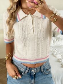 CovetEZ Contrast Trim Polo Neck Knit Top - Multicolor - View 6