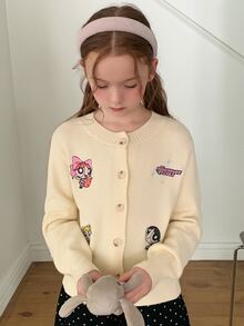 THE POWERPUFF GIRLS X DAZY Tween Girl Cartoon Embroidered Round Neck Long Sleeve Cardigan, Autumn/Winter - Apricot - View 1