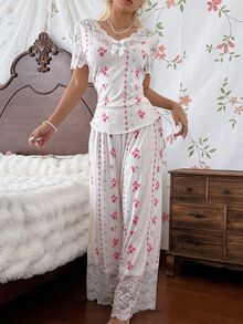 CottageSlumber 2pcs/Set Women's Lace Patchwork Sexy V-Neck Short Sleeve Printed Ribbed Top + Lace Patchwork Sexy Long Pants Pajamas - Multicolor - View 3