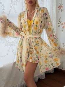 CottageSlumber Mature Style Spring Floral Digital Print Feather Bell Sleeve Robe & Sexy Yellow Lace Corset Cami Pleated Mermaid Nightgown 2 Pieces Set For Women - Multicolor - View 6