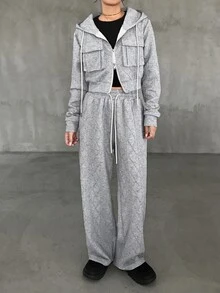 FRIFUL Damen 2er Set Reißverschluss Langarm Kapuzenpullover und Hose mit Kordelzug Taille und Taschen - Grau - Übersicht 8