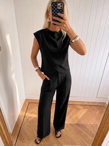 Avantive Setelan 2 Potong Atasan dan Celana Kasual Wanita Model Cross Fashion - Hitam - View 5