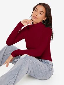 SHEIN BASICS Camisetas de cuello alto de manga larga de punto acanalado ajustadas para mujeres en color negro - Burdeos - Ver 5