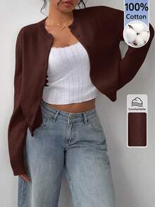 SHEIN BASICS 女款秋冬休閒純色開襟羊毛衫 - 咖啡棕 - 查看 5