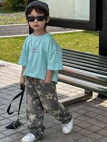 Hapijoa Young Boy Fashion Star Pattern Printed Denim Jeans With Pockets Fall - Army Green - View 5