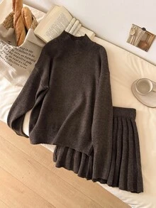CosyJoli Autumn/Winter Casual Versatile Solid Color Sweater & Knitted Skirt 2 Pieces Set - Brown - View 5