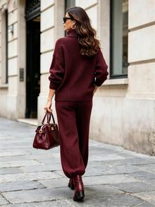 Balvessa Autumn/Winter New High Neck Sweater Slouchy Loose Fit Versatile Turn-Down Collar Knit Set Loose Lantern Pants 2 Pieces Set - Burgundy - View 2