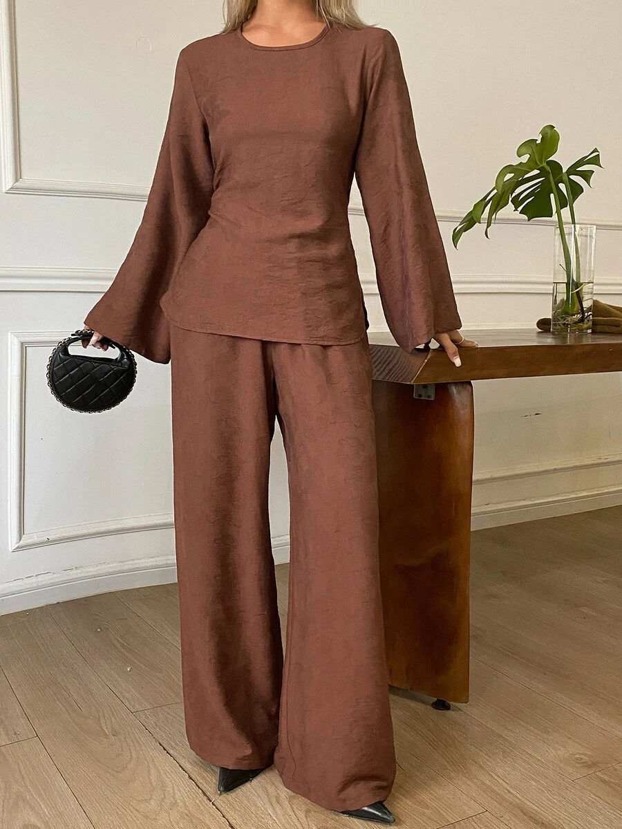 DAZY Solid Color Fitted Waist Pullover Blouse With Long Flare Sleeves And Straight Leg Pants, Elegant Formal Vacation Spring/Autumn 2 Pieces Set For Women - Coffee Brown - View 1