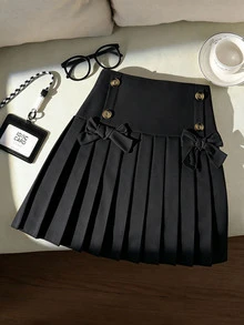 SHEIN 少女秋季返校休閒可愛黑色鬆緊腰百褶裙，假期校園風 - 黑色 - 查看 1