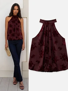 Nöista Floral Print Backless Tie Halter Top - Red Violet - View 3