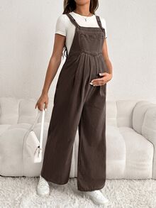 SHEIN 孕婦休閒水洗牛仔吊帶褲 - 棕色 - 查看 3