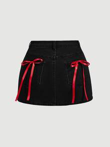SHEIN MOD 女款蝴蝶結裝飾牛仔裙 - 黑色 - 查看 5