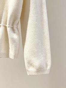 SHEIN Franclia Women Drawstring Waist Fuzzy Knit Cardigan, Long Sleeve Round Neck Button Front Slim Fit Cropped Sweater Coat - White - View 4