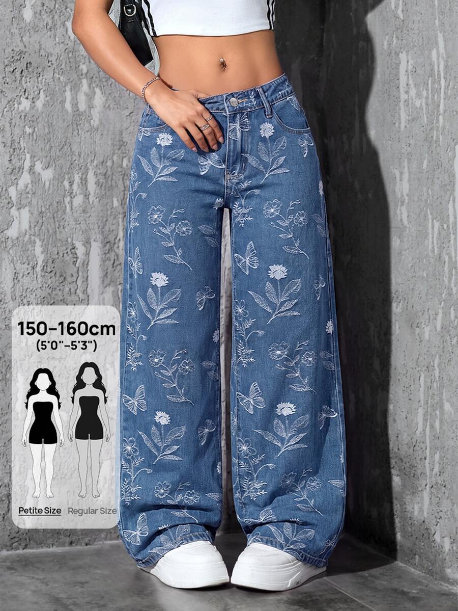 SHEIN PETITE 女款花卉圖案口袋寬腿寬鬆休閒牛仔褲 - 藍色 - 查看 1