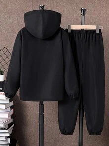 SHEIN 青少年男孩半拉鍊連帽夾克與慢跑褲2件套，休閒運動風，適合秋冬、通勤、上學、日常穿著、度假、旅行、運動，四季皆宜，抓絨加厚 - 彩色 - 查看 3