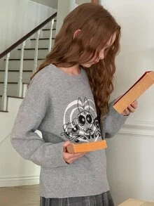 THE POWERPUFF GIRLS X DAZY Tween Girl Cartoon Pattern Long Sleeve Top And Skirt Knit Set Fall - Grey - View 3