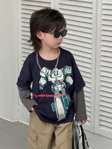 Transformers Evergreen X DAZY Young Boy Loose Casual Straight Leg Striped 2 In 1 Graphic Autumn T-Shirt - Dark Grey - View 7