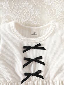 SHEIN Newborn Baby Girls A-Line Dress Sweet Elegant White Black 3D Bow Ribbed Frill Puff Sleeve Round Neck Birthday Party Autumn Winter Fall Soft Ribbing - Beige - View 8