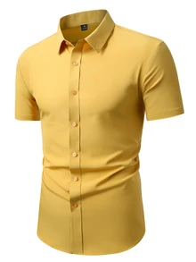 Calvornis Men's Casual Versatile Solid Color Short Sleeve Shirt - Yellow - View 4