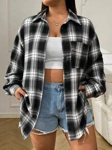 Solflare Plus Plaid Print Drop Shoulder Shirt Fall - Black - View 5