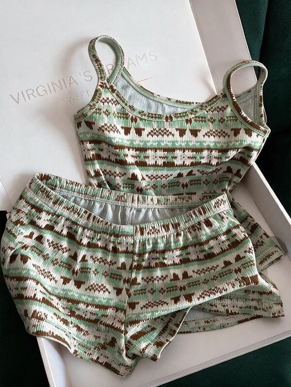 Franclia Women's Casual Vacation Geometric Print Camisole & Shorts 2 Pieces Set