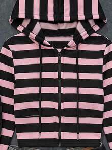 SHEIN EZwear 條紋印花拉鍊抽繩連帽衛衣 - 粉色 - 查看 5