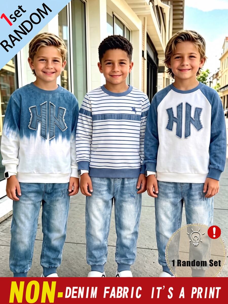 Tween Boys Sweatshirt Set Denim Effect Tie Dye Dark Blue Crew Neck Digital Print Long Sleeve Paired With Long Pants For School Active Autumn Winter - Multicolor - View 1