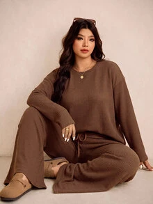 Elaquor 大尺碼女款純色圓領長袖T恤與腰部綁帶褲休閒兩件套 - 咖啡棕 - 查看 6
