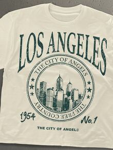 StoneGrade American Retro City Scene Poster Fashion Print Men's Apricot Standard Size Cropped Loose Fit Short Sleeve T-Shirt - Apricot - View 2