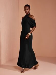 JIAN LASALA Solid Cross Wrap Halter Neck Mermaid Hem Maxi Dress - Black - View 6