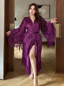 Dazy Plus Autumn New Vacation Charm Jacquard Satin Tassel Decor Robe - Violet Purple - View 4