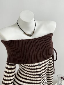Elamini Women's Autumn/Winter Casual Colorblock Striped Off-Shoulder Sweater - Khaki - View 3