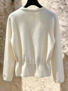 SHEIN Franclia Women Drawstring Waist Fuzzy Knit Cardigan, Long Sleeve Round Neck Button Front Slim Fit Cropped Sweater Coat - White - View 3
