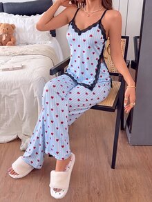 Napfluff Heart Print Cami Home Set, Black Lace Trim Asymmetrical Hem Playful Pajamas - Blue - View 4