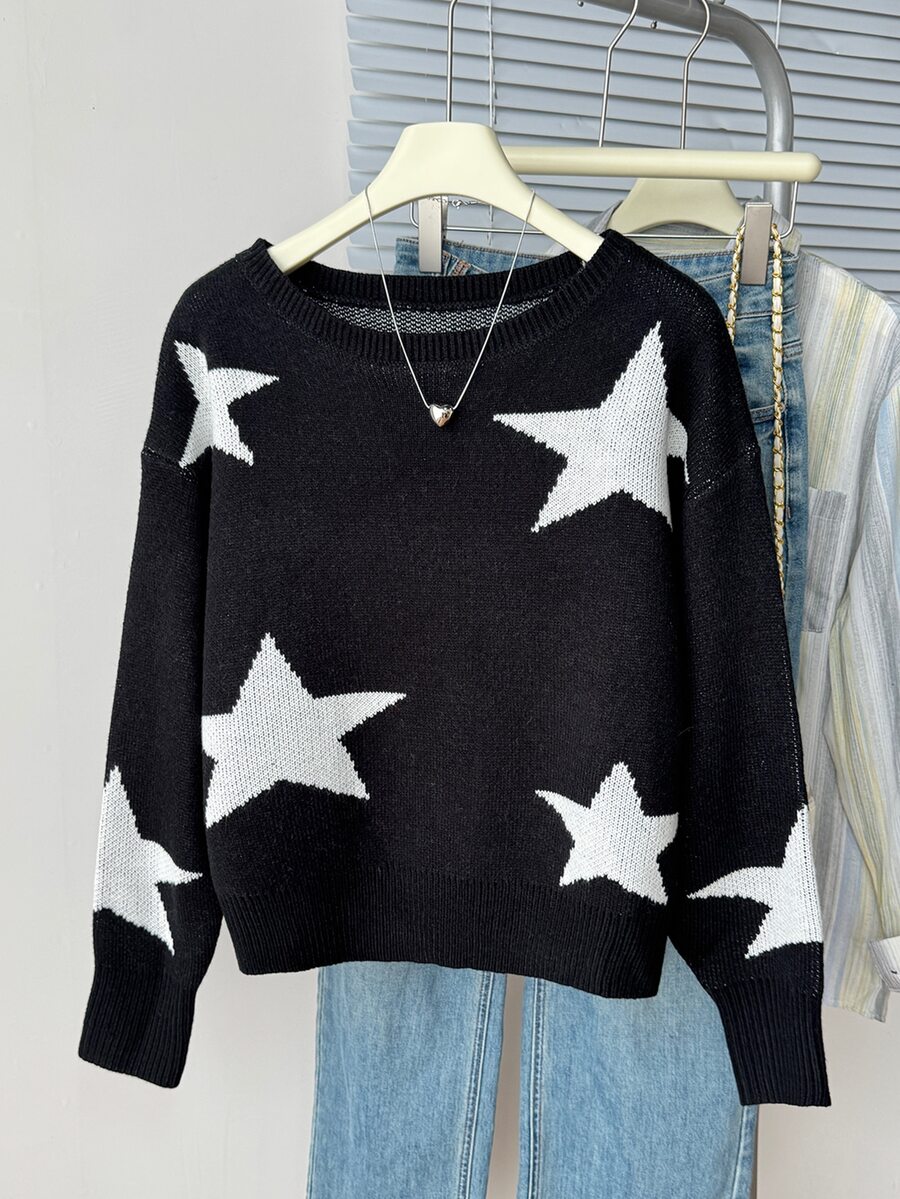 SHEIN 青少年女孩日常秋冬款星星圖案針織毛衣 - 黑與白 - 查看 1