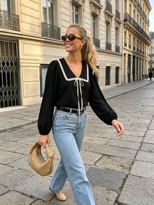 SHEIN PariChic Women's Casual French Elegant Lace Trim Blouse, Autumn Everyday Date Black And White - Black - View 3