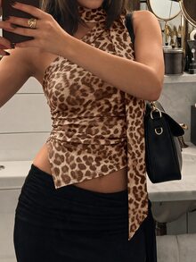 Avenya 春夏豹紋不對稱領掛脖修身無袖背心，不對稱下擺顯瘦短版女款T恤 - 彩色 - 查看 5